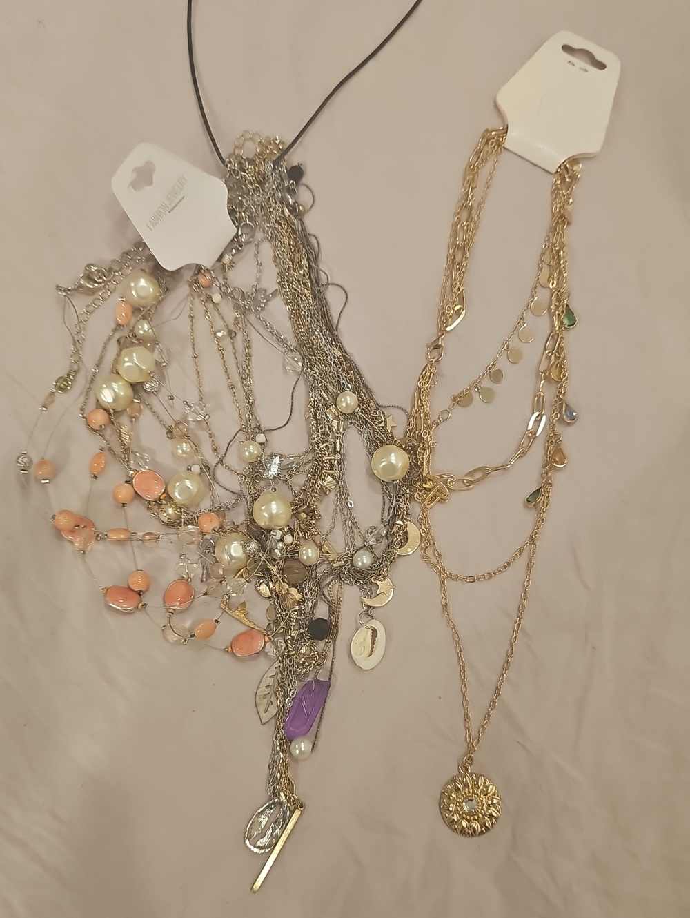 Mixed Metal and Pearl Layered Women's Necklace Set in Gold, Silver, Peach